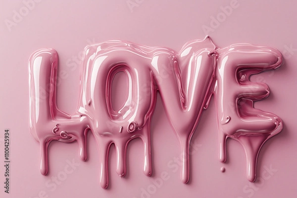 Fototapeta banner with 3D text "LOVE" in the style of dripping liquid, pink on a pink background