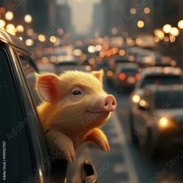 Fototapeta Adorable Piglet Looking Out of a Car Window in Traffic