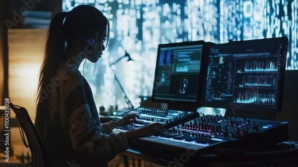 Fototapeta Music Producer Creating Dynamic Beats in a Futuristic Studio Environment