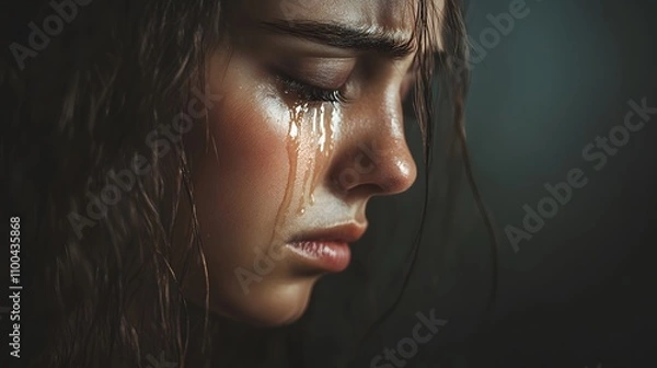 Fototapeta Raw emotional portrait of a woman with tears streami AI generated illustration