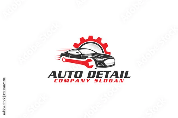 Fototapeta car maintenance, performance car silhouette vector and gear and wrench, with a premium and luxury look for car wash, car detailing and garage
