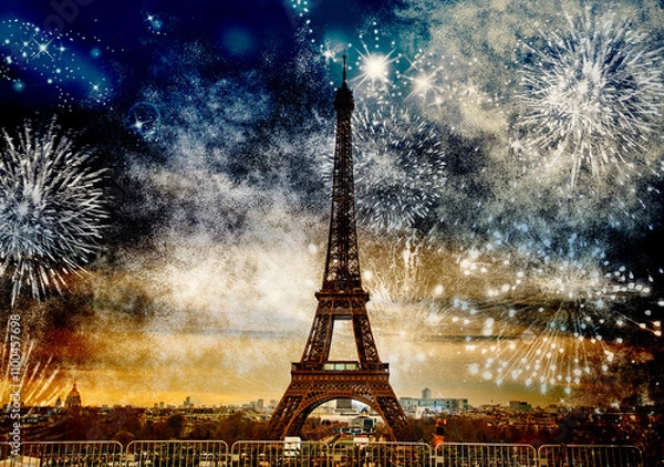 Fototapeta fireworks over the Eiffel tower New Year in Paris