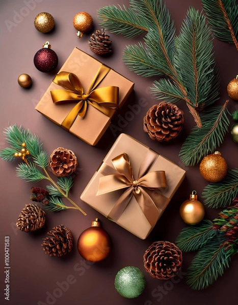 Fototapeta A festive Christmas scene with a wrapped gifts, pine cones, and ornaments on a dark background