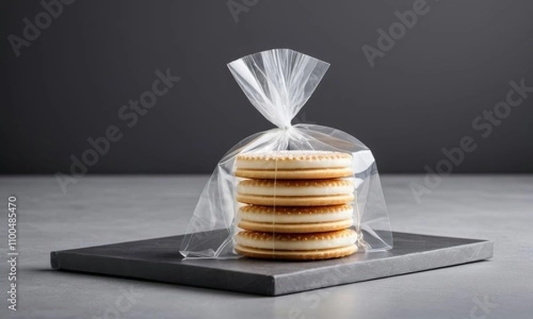 Obraz Alfajores in clear packaging, inviting, stacked on a dark slate background with copy space
