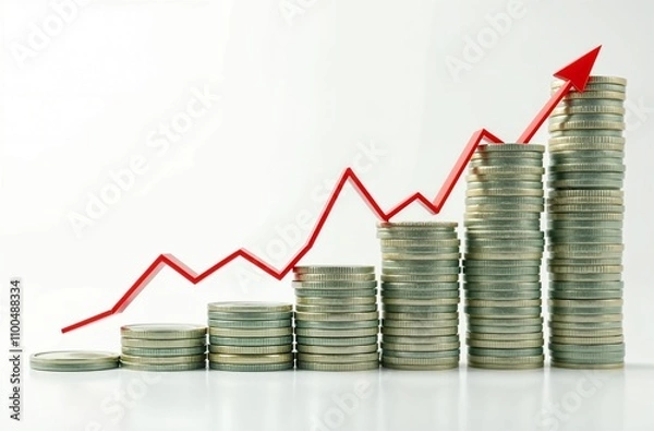 Fototapeta Stacks of coins and red up arrow. Visual graph of profit growth. Increase in income or expenses