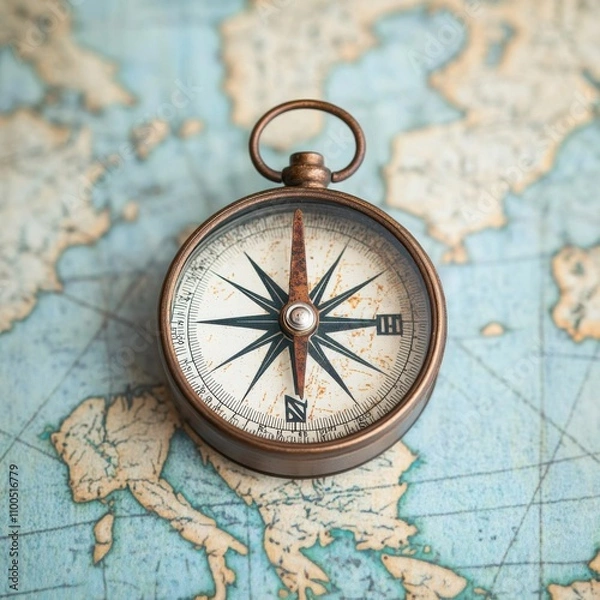 Obraz Exploring planning and budgeting strategies with a compass and map on a vintage roadmap