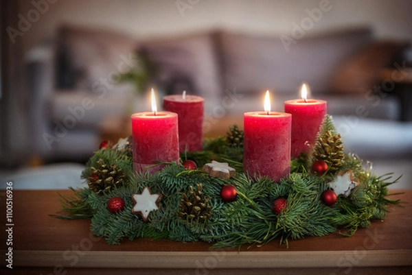 Fototapeta Third Advent, green wreath with Christmas baubles, cinnamon star cookies and red candles, three are lit, on a table in the living room, copy space, selected focus