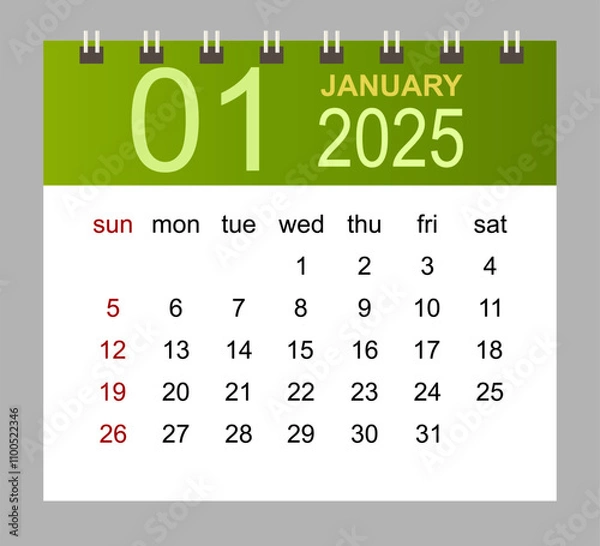 Fototapeta January 2025. Vector monthly calendar template 2025 year in simple style for template design. Week starts from Sunday.