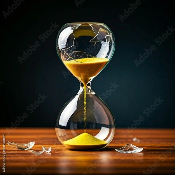 Fototapeta A broken hourglass on a wooden surface. Sand would escape if it were turned over, symbolizing that time does not return. Glass fragments around