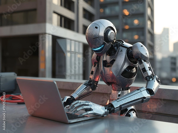 Fototapeta A glittery mechanical humanoid in a matte style with ambient lighting in a urban rooftop, showing a person working.