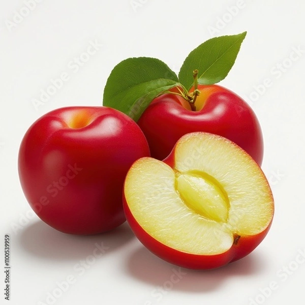 Obraz Fresh Red Plums with Leaf and Halved Plum