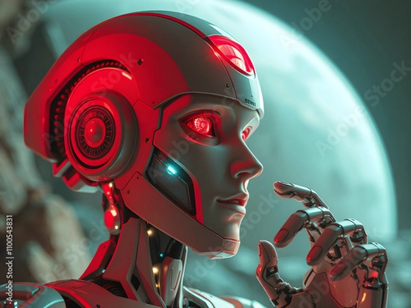 Fototapeta A vibrant robotic human in a 3D rendering style with dramatic lighting in a alien planet, showing a person thinking.
