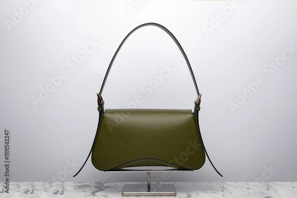 Obraz Luxury women's bag on a white background. Dark green color, leather expensive bag isolated on the marbel in the studio