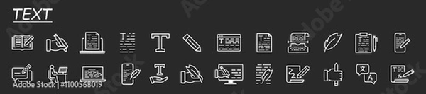 Fototapeta Set of text related vector line icons. Contains such icons as write review, creative article writing, internet content, editing and more. Grey background.