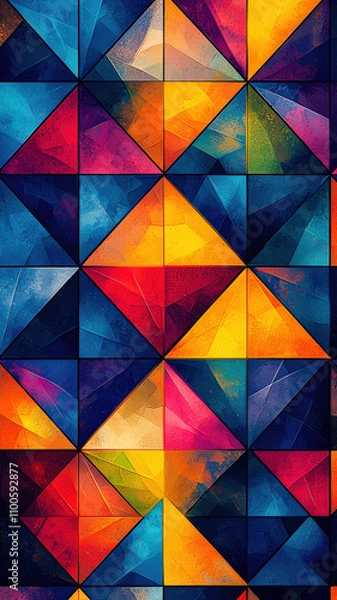 Fototapeta A geometric pattern of triangles and squares in vibrant colors, creating a dynamic and eye-catching design suitable for modern decor or graphic projects.
