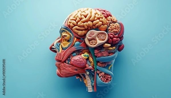 Obraz Human digestive system anatomy on blue color background. 3d illustration design, 