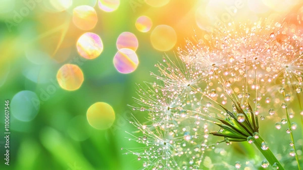 Fototapeta Macro photo of a blooming dandelion seed head with water droplets reflecting a rainbow, set against a softly blurred green background, showcasing nature’s delicate beauty.
