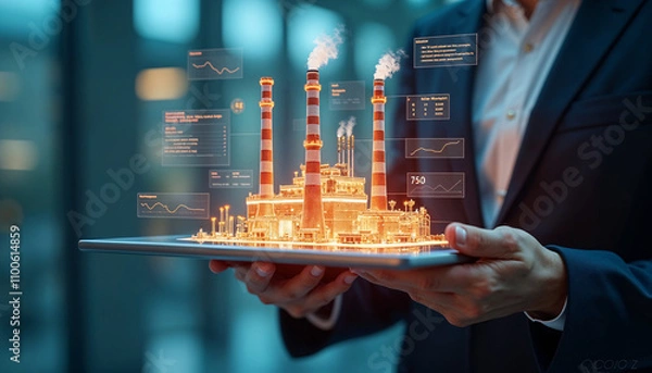 Fototapeta A businessman reviews a digital factory model on a tablet, displaying real-time performance data and graphs