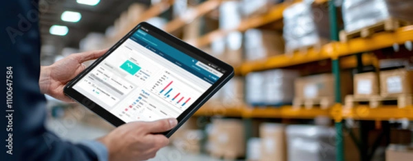 Obraz Efficient inventory management displayed on tablet in warehouse. digital screen shows real time data and analytics, enhancing productivity and decision making
