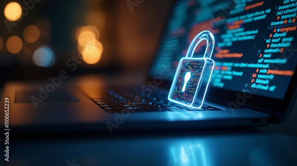 Obraz laptop with glowing lock Secure operations in the cloud protect digital privacy through SSL encryption, managing password protections and privacy settings for comprehensive security.