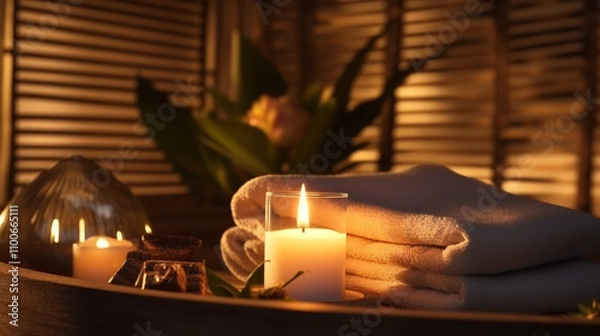 Fototapeta A luxurious spa setting featuring a white towel, a serene bathroom ambiance, soft candlelight, and elements of relaxation such as a massage and soothing bath.