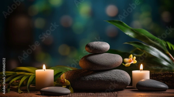 Fototapeta A luxurious spa setting featuring a serene bathroom ambiance, massage stones, soft candlelight, and elements of relaxation such as a soothing bath.