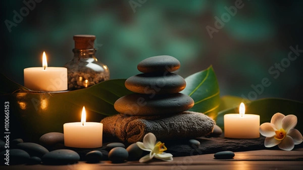 Fototapeta A luxurious spa setting featuring a serene bathroom ambiance, massage stones, soft candlelight, and elements of relaxation such as a soothing bath.