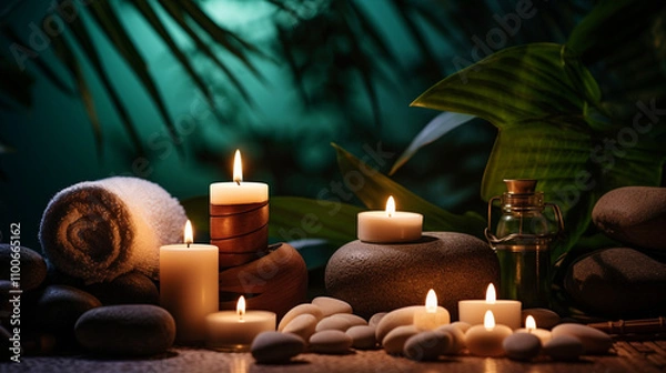Fototapeta 
A luxurious spa setting featuring a serene bathroom ambiance, soft candlelight, and elements of relaxation such as a massage and soothing bath.