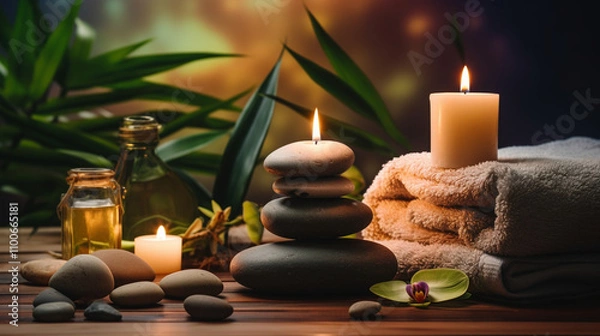 Fototapeta A luxurious spa setting featuring a white towel, a serene bathroom ambiance, soft candlelight, and elements of relaxation such as a massage and soothing bath.