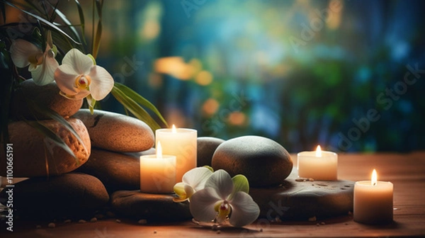 Fototapeta A luxurious spa setting featuring a serene bathroom ambiance, massage stones, delicate orchids as ornaments, soft candlelight, and elements of relaxation such as a soothing bath.