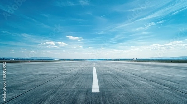 Fototapeta A clean, minimal background image of an airport runway stretching toward the horizon, with blue skies above.