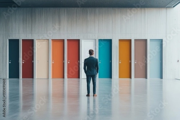 Fototapeta A man stands before an array of colorful doors in a sleek, modern hallway, each representing a unique choice or opportunity in a decisively dynamic environment.