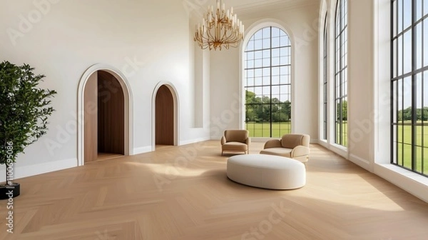 Fototapeta A bright, modern interior featuring elegant furniture, large windows, and a minimalist design, showcasing a serene living space.