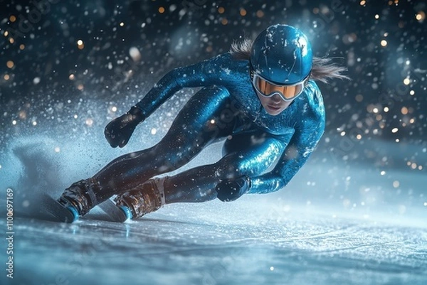 Obraz Female speed skater in motion performing an Olympic race on the ice