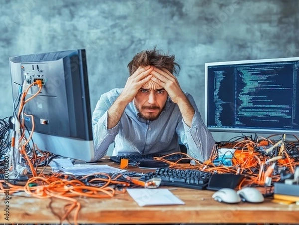 Fototapeta Exasperated software engineer rubbing forehead, messy desk with cables and gadgets, computer screen flashing error, isolated office background, space for IT crisis theme