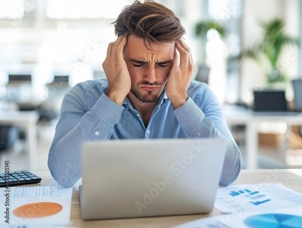 Obraz Annoyed digital marketer closing laptop in frustration, poor ROI stats on screen, modern office with marketing tools scattered, copy space for marketing performance issues