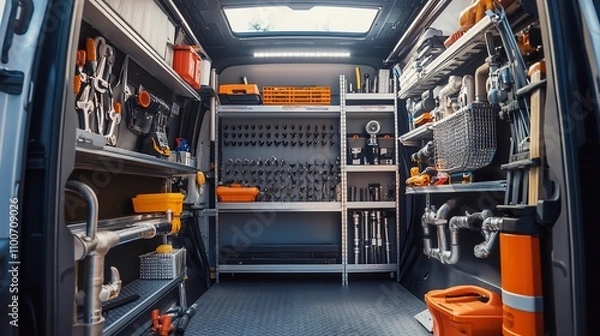 Obraz Organized service van interior with various tools and equipment on shelves.