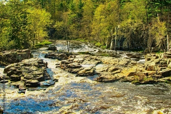 Obraz Beautiful Sumner landscape of the Eau Claire River cascading over rocks as it passes through a lush green forest near Aniwa, WI.