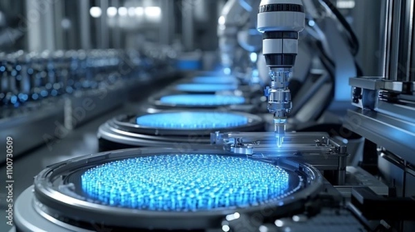 Fototapeta Futuristic Microchip Production with Glowing Silicon Wafers and Advanced Robotic Assembly