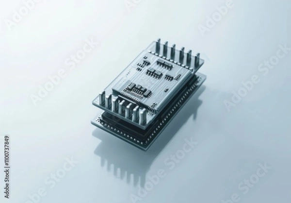 Fototapeta Close-up of a semiconductor chip with detailed electronic components and circuits on clean white background, ideal for tech and engineering projects.