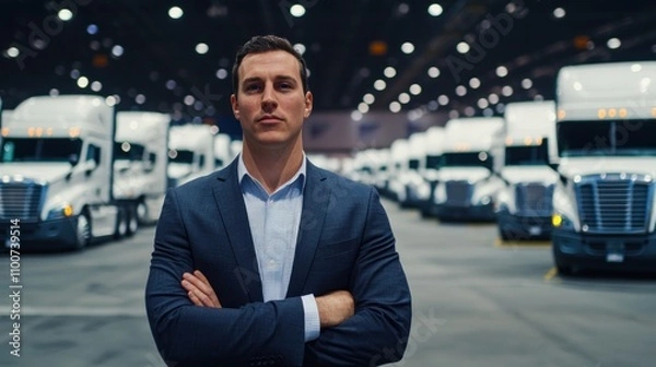 Fototapeta A confident man in a suit stands with arms crossed in a well-lit warehouse filled with trucks, exuding professionalism and authority.
