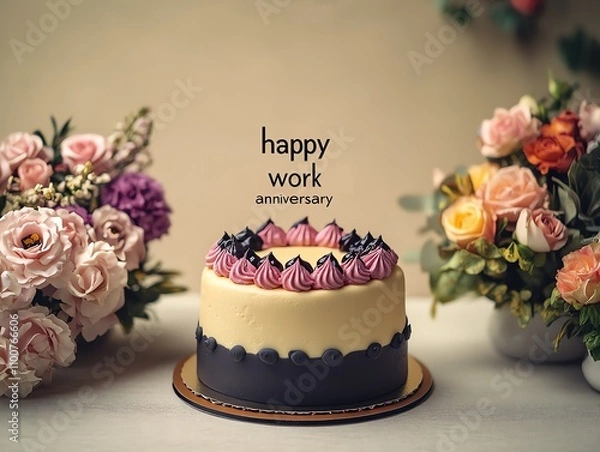 Obraz happy work anniversary card for coworker at workplace, with colourful cake and flowers on blurred beige background with copy space