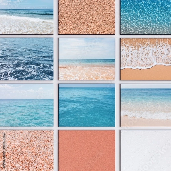 Fototapeta A collage of serene beach scenes featuring waves, sand, and tranquil blue waters, evoking a sense of relaxation and natural beauty.