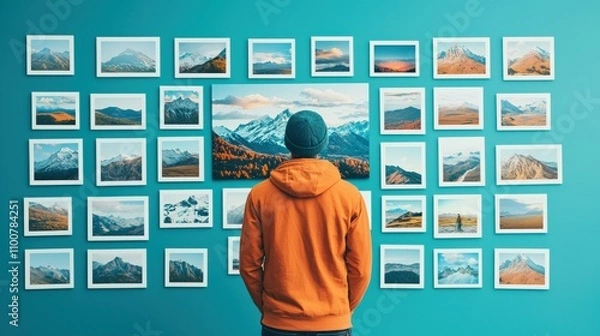 Fototapeta A person in an orange hoodie admires a gallery of framed landscape photographs on a vibrant turquoise wall.
