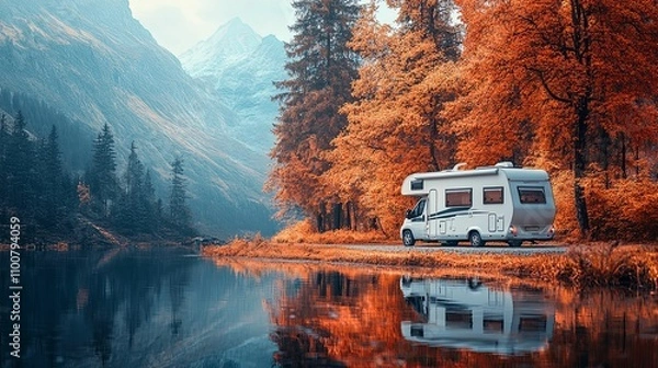 Obraz Motorhome Parked Beside Autumnal Lake And Mountains
