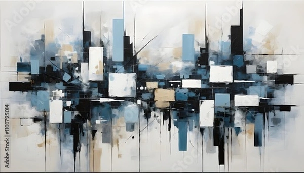 Fototapeta Abstract Cityscape Blues, Blacks, and Whites Geometric Canvas Art. Generated AI