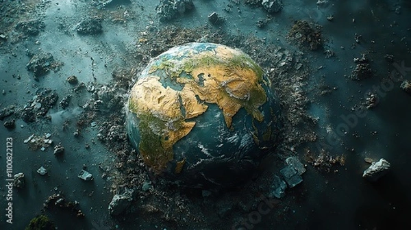 Fototapeta A digitally generated image portrays a devastated world, emphasizing the urgency of addressing environmental issues and the impact of human actions on the planet.