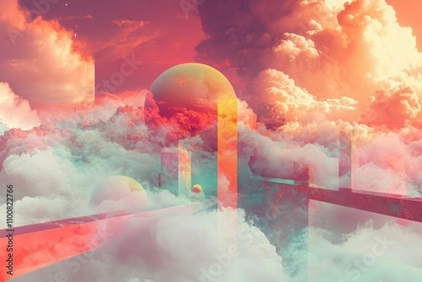 Obraz Abstract Sky with Geometric Shapes and Clouds