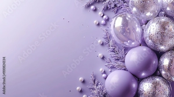 Fototapeta Champagne balloons on plum purple background, with soft lavender and silver accents for a refined, sophisticated New Year theme. Depth and contrast enhance elegance.