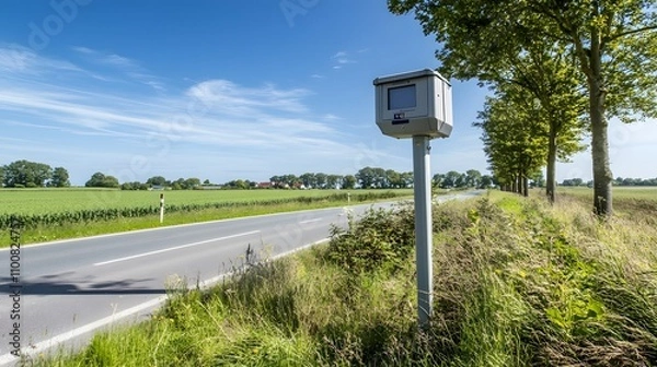Fototapeta Empty road stretching into the distance with a speed monitoring device installed, emphasizing the importance of safety and adherence to traffic regulations.